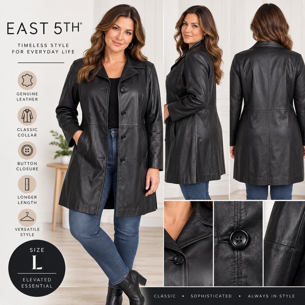 East 5th Womens Leather Coat Black Long Button Front Collared Jacket Large Large